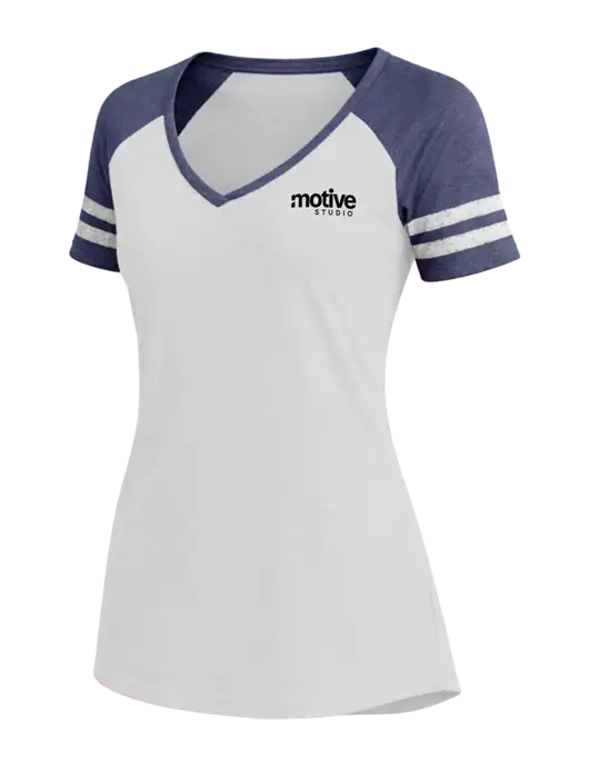 Womens White/Navy Heather V-Neck Game Tee w/Motive Studio Logo