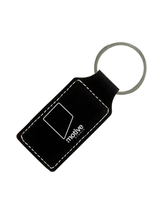 Black Laserable Leatherette Rectangle Keychain w/Motive Studio Logo