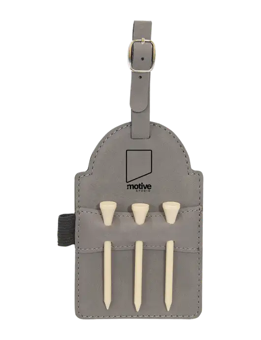 Grey Leatherette Golf Bag Tag with 3 Wooden Tees w/Motive Studio Logo