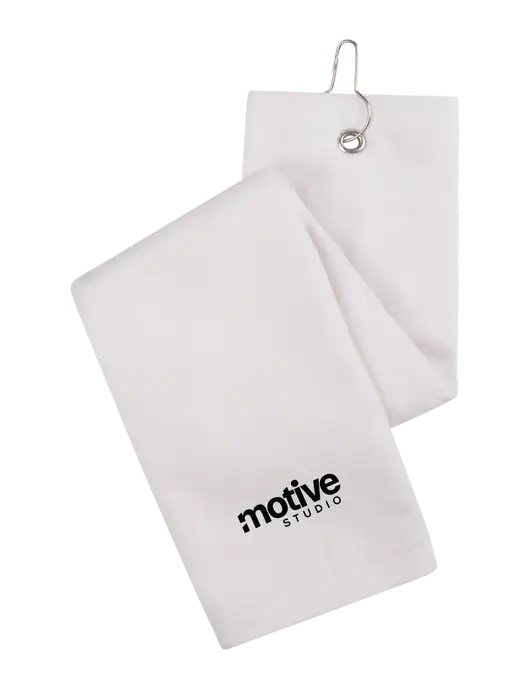 White Tri-Fold Golf Towel with Grommet w/Motive Studio Logo