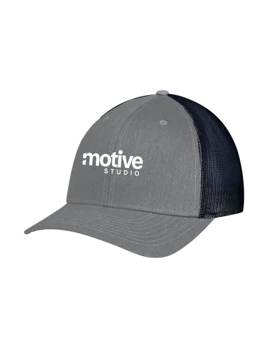 Richardson Adjustable Snapback Original 112 Trucker Cap Heather Grey w/Navy Mesh w/Motive Studio Logo