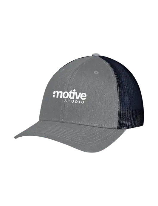 Richardson Adjustable Snapback Original 112 Trucker Cap Heather Grey w/Navy Mesh w/Motive Studio Logo
