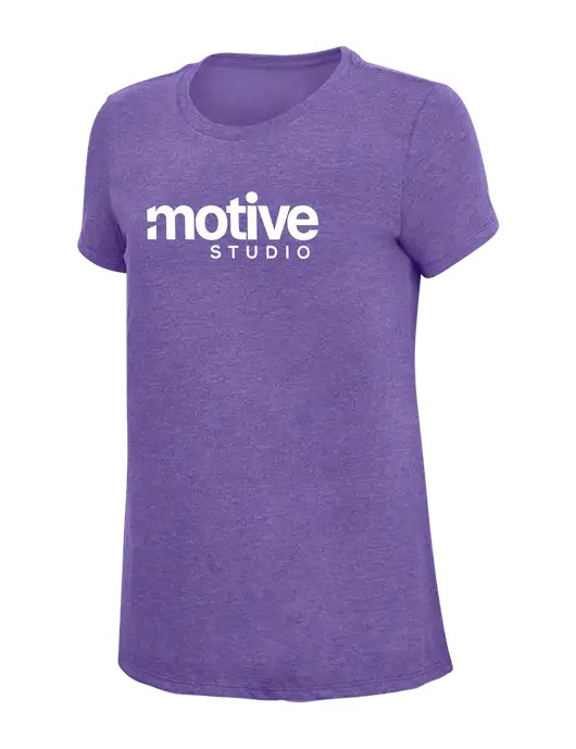 Womens Simply Soft Purple Frost 4.5oz  Poly/Combed Ring Spun Cotton T-Shirt w/Motive Studio Logo