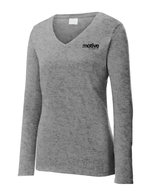 Womens  V-Neck Ring Spun Grey Heather 4.5 oz Long Sleeve T-Shirt w/Motive Studio Logo
