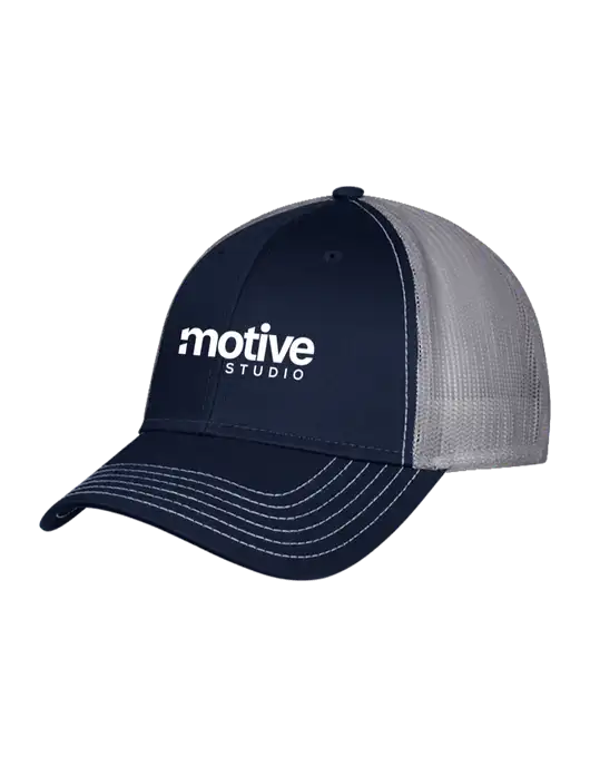 Navy & Grey Mesh Trucker Cap Snap Back w/Motive Studio Logo