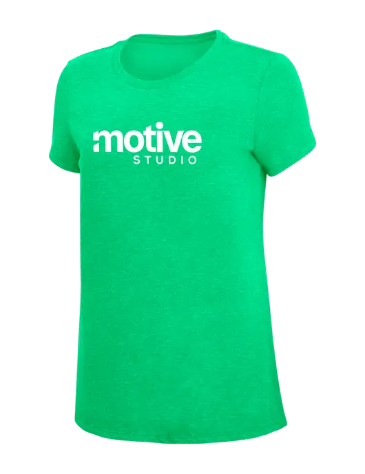 Womens Simply Soft Green Frost 4.5oz Poly/Combed Ring Spun Cotton T-Shirt w/Motive Studio Logo