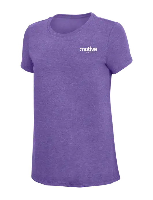 Womens Simply Soft Purple Frost 4.5oz  Poly/Combed Ring Spun Cotton T-Shirt w/Motive Studio Logo