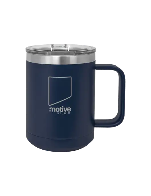 Polar Camel 15 oz Powder Coated Navy Vacuum Insulated Mug with Slider Lid w/Motive Studio Logo