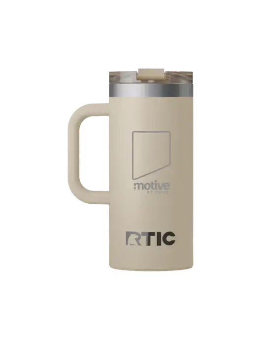 RTIC Road Trip 16 oz Tan Travel Mug w/Motive Studio Logo