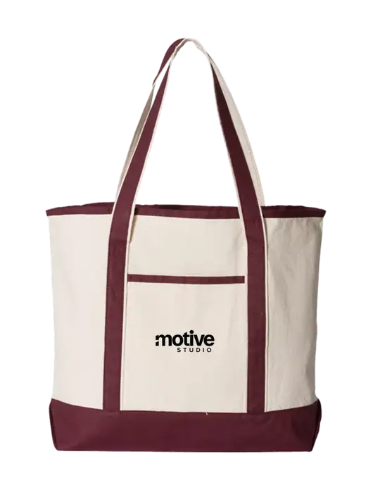 Natural/Maroon Large Canvas Deluxe Tote w/Motive Studio Logo