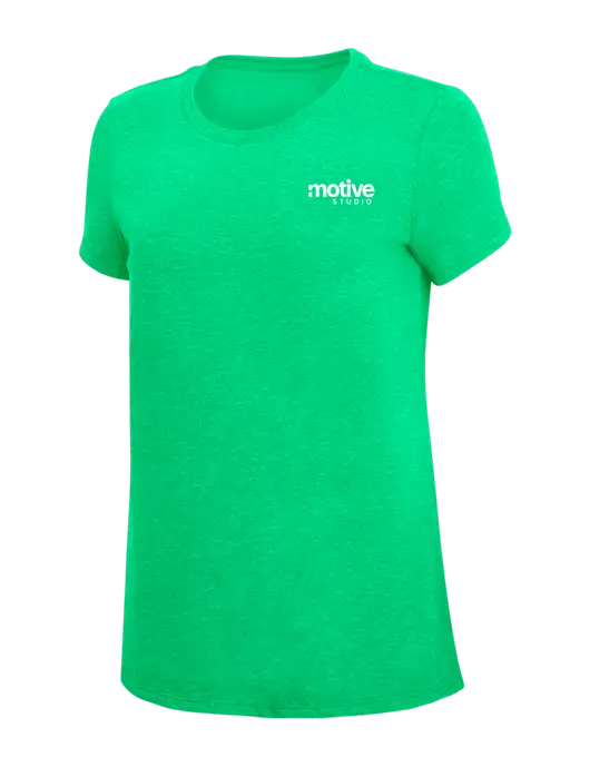 Womens Simply Soft Green Frost 4.5oz Poly/Combed Ring Spun Cotton T-Shirt w/Motive Studio Logo