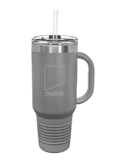 Polar Camel 40 oz. Powder Coated Vacuum Insulated Grey Travel Mug with Straw w/Motive Studio Logo