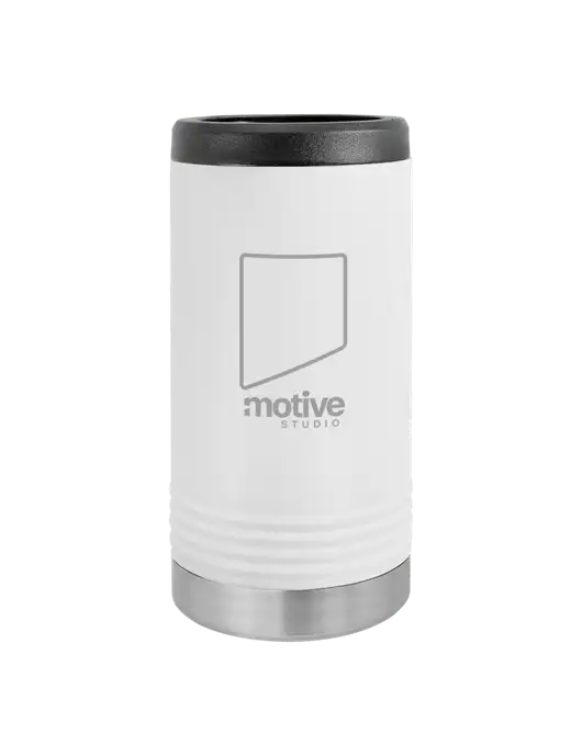 Polar Camel Powder Coated White Vacuum Insulated Slim Beverage Holder w/Motive Studio Logo