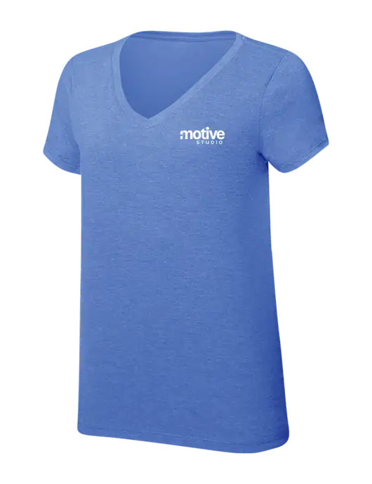 Womens Simply Soft V-Neck Royal Frost 4.5oz  Poly/Combed Ring Spun Cotton T-Shirt w/Motive Studio Logo