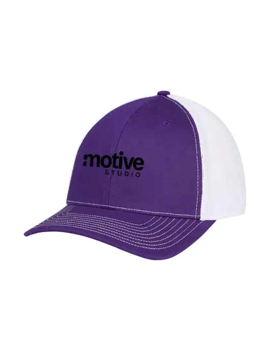 Richardson Adjustable Snapback Original 112 Trucker Cap Purple w/White Mesh w/Motive Studio Logo