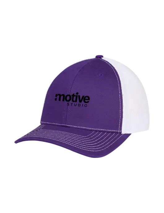 Richardson Adjustable Snapback Original 112 Trucker Cap Purple w/White Mesh w/Motive Studio Logo