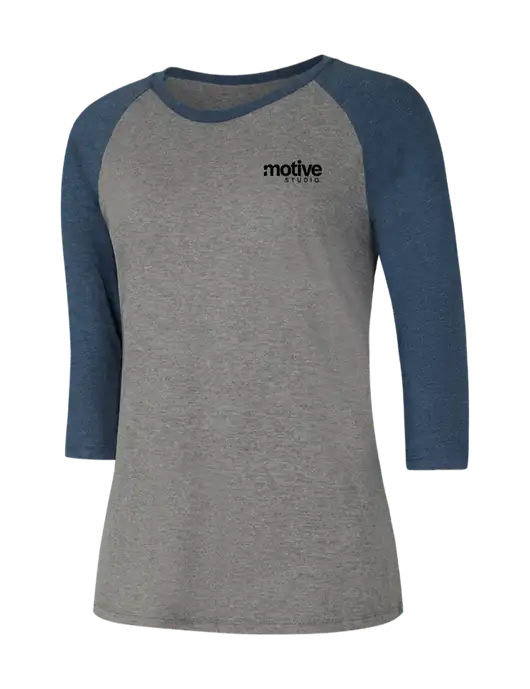 Womens Simply Soft 3/4 Sleeve Navy Frost/Grey Frost Ring Spun Cotton T-Shirt w/Motive Studio Logo