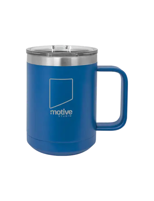 Polar Camel 15 oz Powder Coated Royal Vacuum Insulated Mug with Slider Lid w/Motive Studio Logo