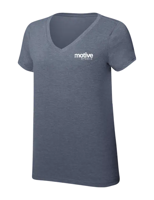 Womens Simply Soft V-Neck Navy Frost 4.5oz  Poly/Combed Ring Spun Cotton T-Shirt w/Motive Studio Logo