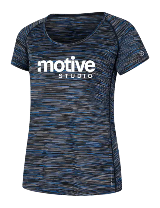 OGIO Womens Black/Royal Space Dye Verge Scoop Neck w/Motive Studio Logo