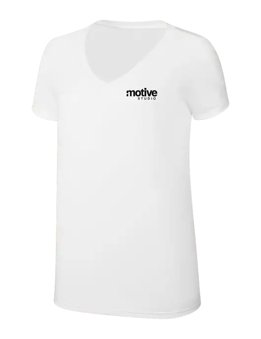 Womens Simply Soft V-Neck White 4.5oz  Poly/Combed Ring Spun Cotton T-Shirt w/Motive Studio Logo