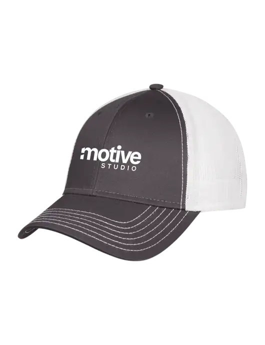 Dark Grey/White Mesh Trucker Cap Snap Back w/Motive Studio Logo