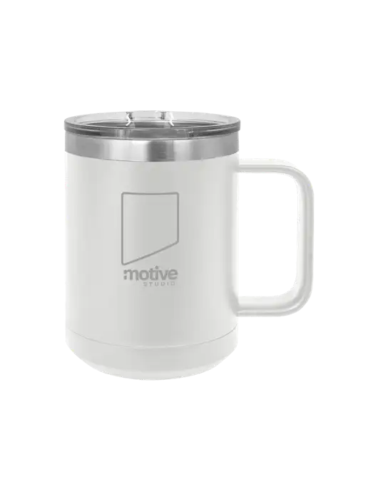 Polar Camel 15 oz Powder Coated White Vacuum Insulated Mug with Slider Lid w/Motive Studio Logo