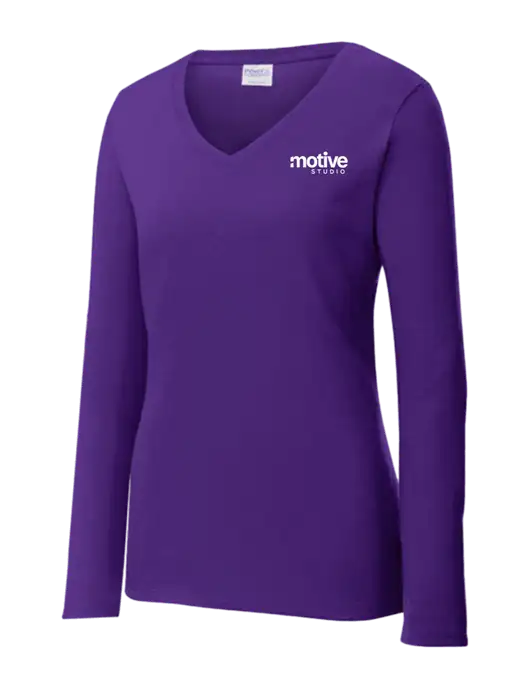 Womens  V-Neck Ring Spun Purple 4.5 oz Long Sleeve T-Shirt w/Motive Studio Logo