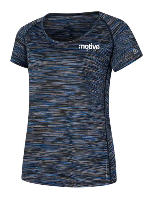 OGIO Womens Black/Royal Space Dye Verge Scoop Neck w/Motive Studio Logo