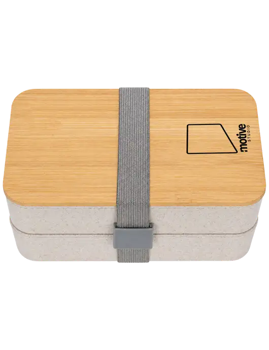 Double Decker Natural Ivory Lunch Box w/Eco-Friendly FSC Bamboo Lid & Reusable Utensils w/Motive Studio Logo