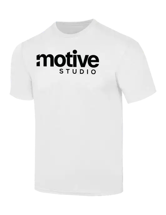 Simply Soft White 4.5oz  Poly/Combed Ring Spun Cotton T-Shirt w/Motive Studio Logo