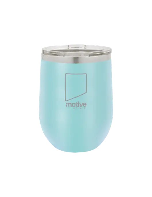 Polar Camel 12 oz Powder Coated Light Blue Vacuum Insulated Stemless Wine Tumbler w/Motive Studio Logo