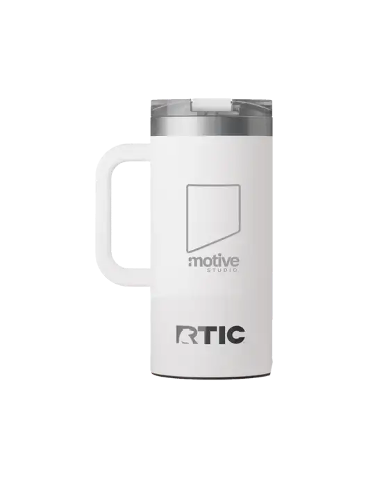 RTIC Road Trip 16 oz White Travel Mug w/Motive Studio Logo