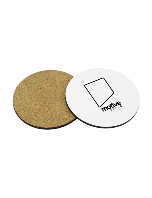 Gloss White Hardboard Round Coaster w/Cork Back, 3.75 w/Motive Studio Logo
