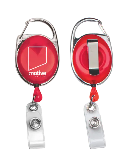 Red Carabiner Style Badge Reel and Badge Holder w/Motive Studio Logo