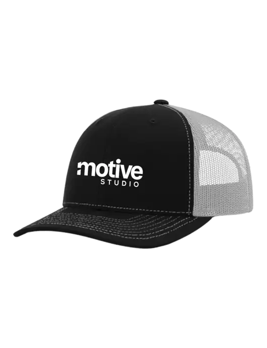 Richardson Adjustable Snapback Original 112 Trucker Cap Black w/White Mesh w/Motive Studio Logo