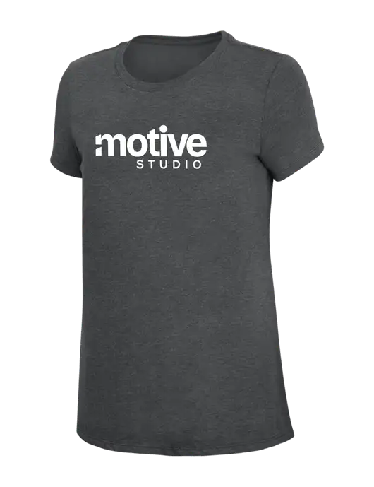 Womens Simply Soft Charcoal 4.5oz Poly/Combed Ring Spun Cotton T-Shirt w/Motive Studio Logo