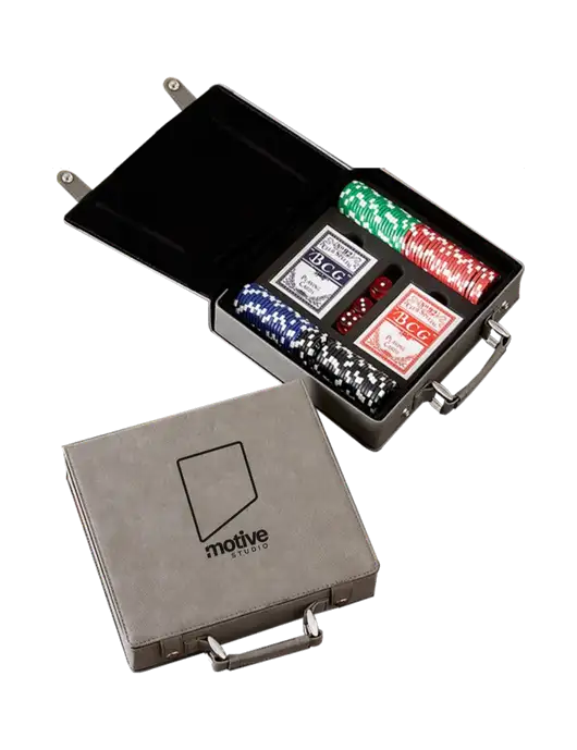 Grey Leatherette 100 Chip Poker Set w/Motive Studio Logo