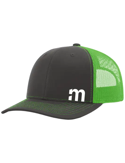 Richardson Adjustable Snapback Original 112 Trucker Cap Charcoal Grey w/Neon Green Mesh w/m Icon Logo
