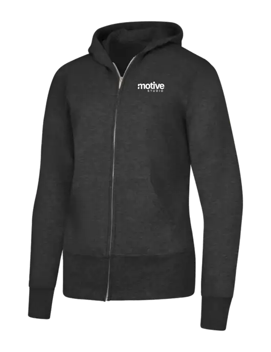 Dark Heather Grey Womens Core Fleece Full-Zip Hooded Sweatshirt w/Motive Studio Logo