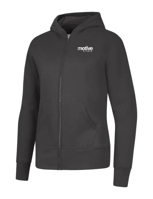 Charcoal Womens Core Fleece Full-Zip Hooded Sweatshirt w/Motive Studio Logo