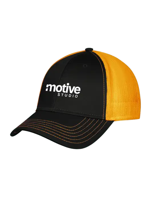 Black/Black/Gold Mesh Gold Stitching on Bill Trucker Cap Snap Back

 w/Motive Studio Logo