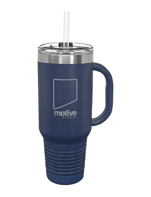 Polar Camel 40 oz. Powder Coated Vacuum Insulated Navy Travel Mug with Straw w/Motive Studio Logo