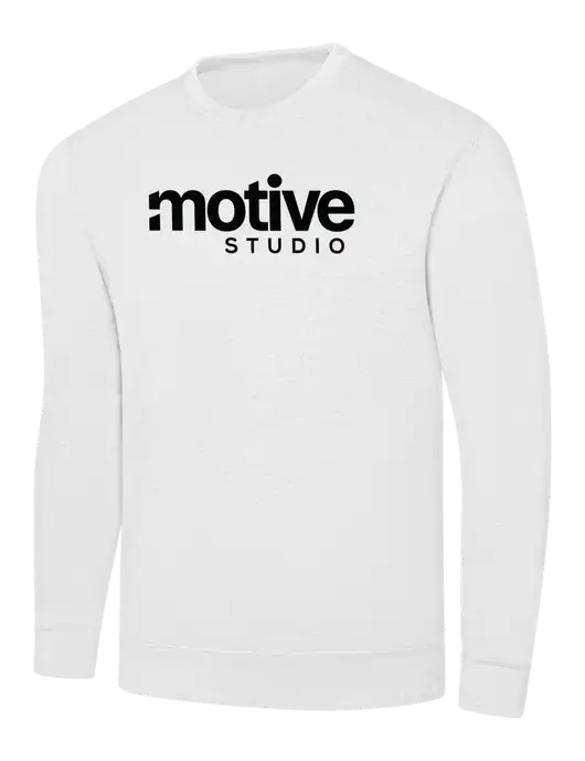 White 7.8 oz Ring Spun Crew Sweatshirt w/Motive Studio Logo