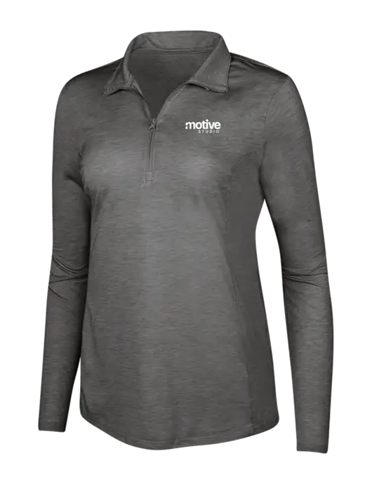 Dark Grey Heather Womens Posicharge Tri-Blend Wicking 1/4 Zip Pullover w/Motive Studio Logo