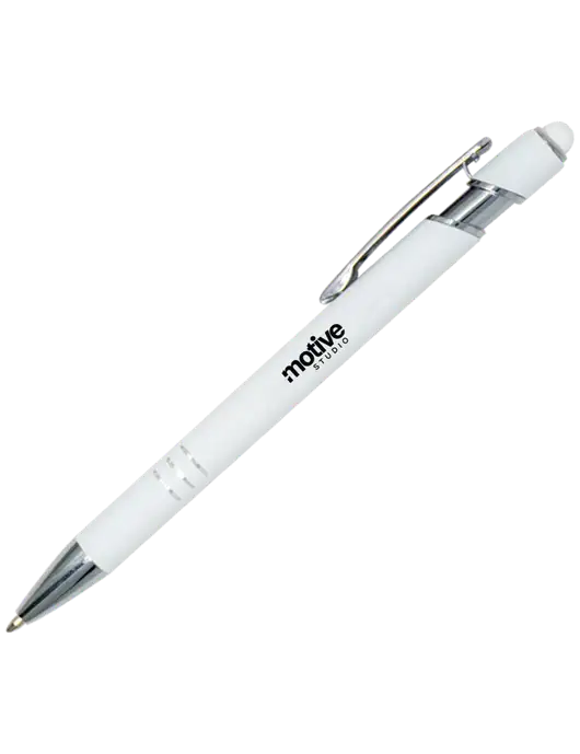 White Cosmo Glide Stylus Pen - Black Ink w/Motive Studio Logo