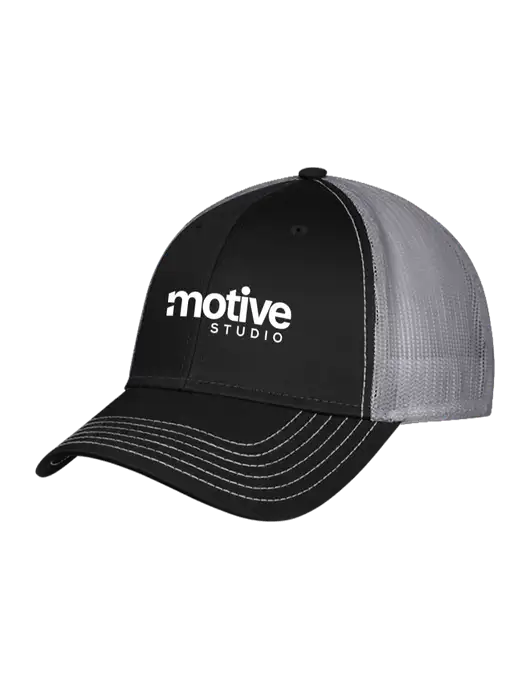 Black/Medium Dark Grey Mesh Trucker Cap Snap Back w/Motive Studio Logo