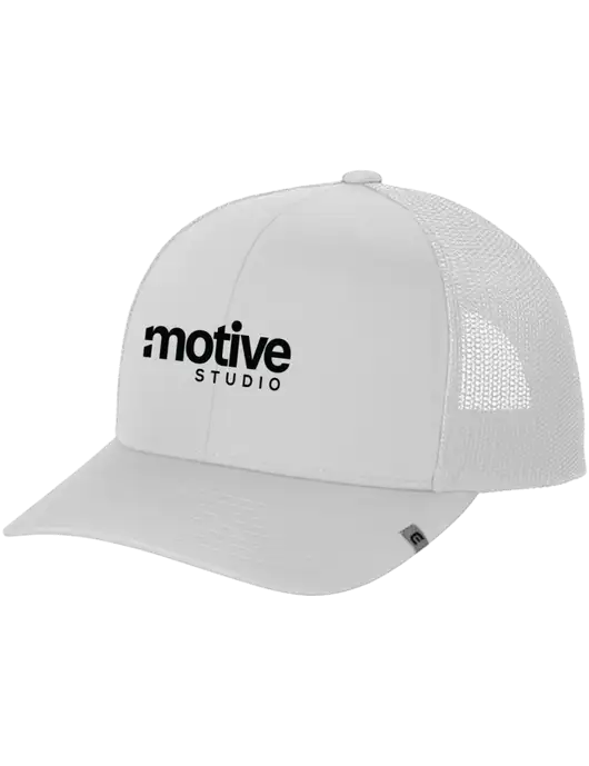 TravisMathew White Cruz Trucker Cap w/Motive Studio Logo