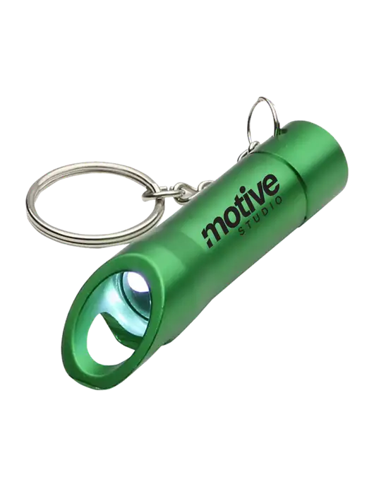 Medium Green Pocket LED Flashlight with Bottle Opener & Keychain w/Motive Studio Logo
