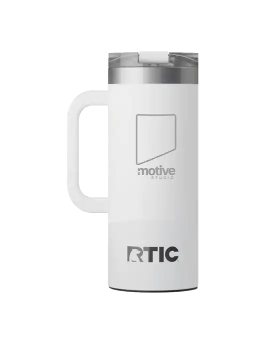 RTIC Road Trip 20 oz White Travel Mug w/Motive Studio Logo